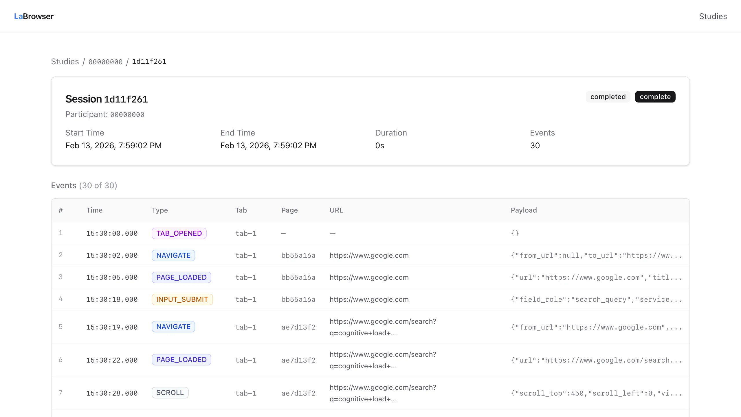 Study Console — structured event data