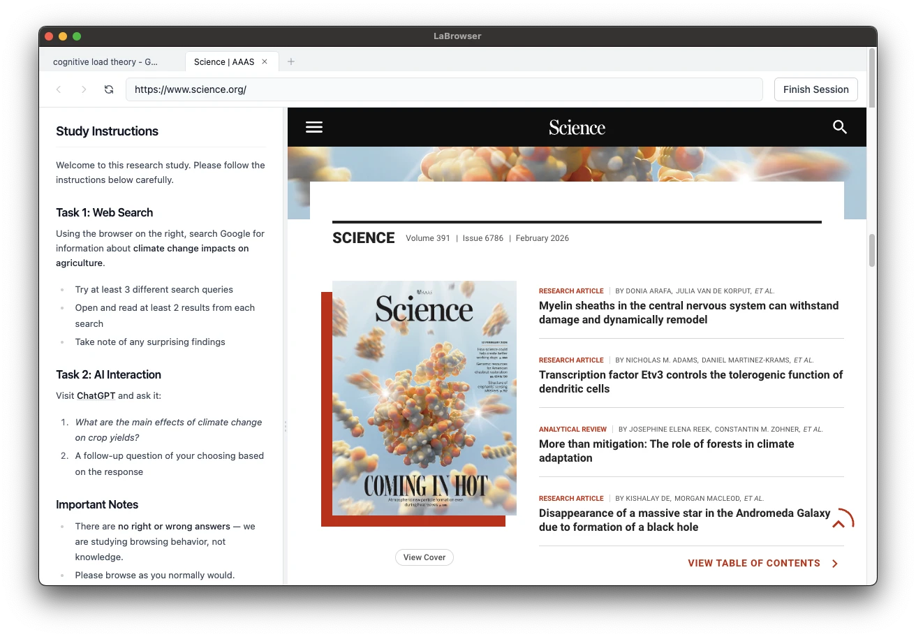 LaBrowser — participant browsing with experiment pane